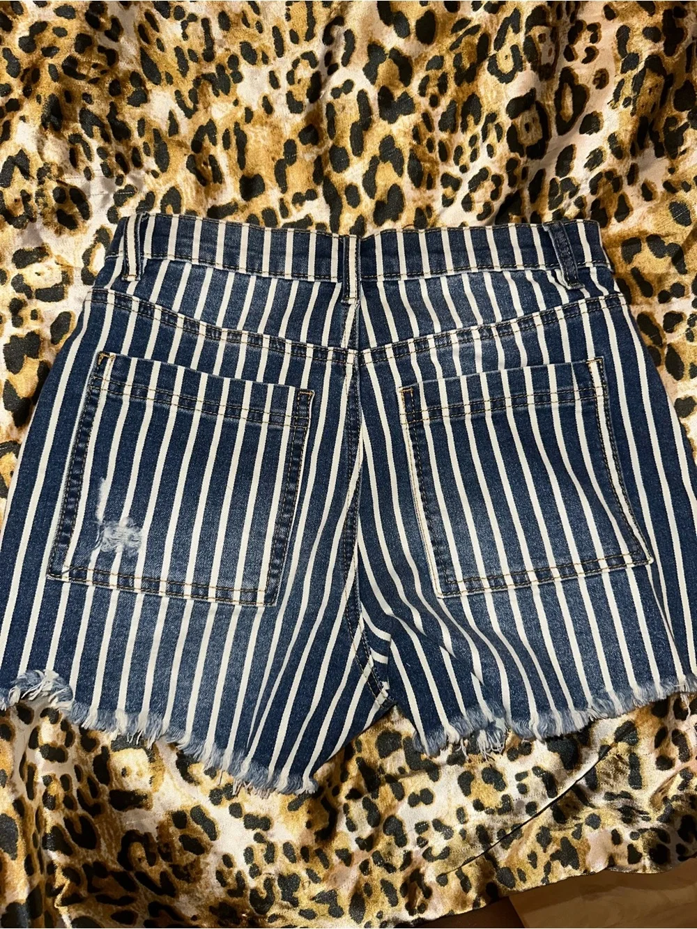 Fashion Nova Navy & White Striped High-Rise Distressed Jean Shorts